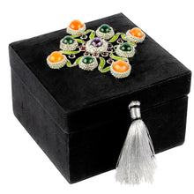 Load image into Gallery viewer, Luxury black silk small keepsake box embroidered with silver and inlaid with jade, carnelian, amethyst, garnet gemstones. 
