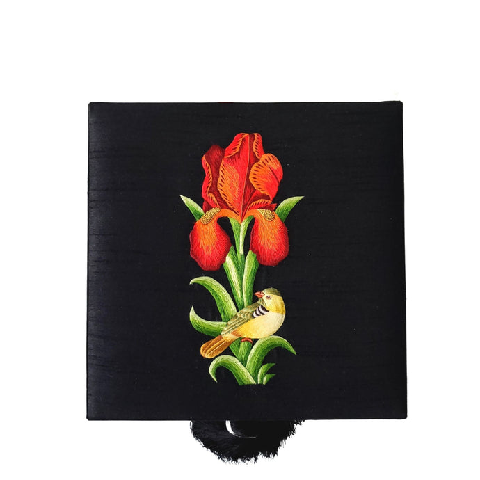 Luxury black silk square decorative box hand embroidered with bird and red iris flower. 