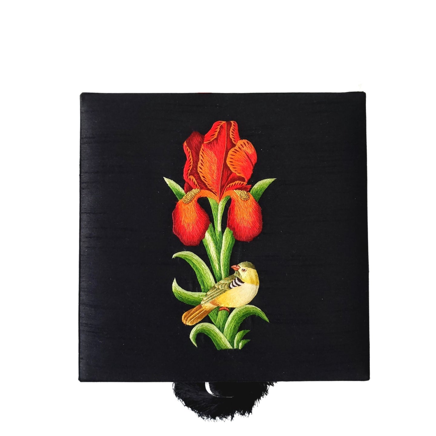 Luxury black silk square decorative box hand embroidered with bird and red iris flower. 