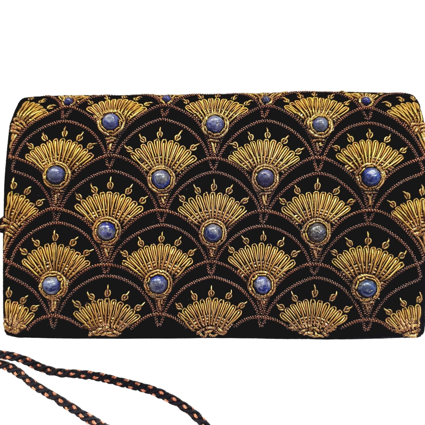 Art Deco inspired luxury black velvet evening clutch bag embroidered with peacock feather pattern or fish scale pattern in antique gold color and embellished with genuine lapis lazuli gemstones, formal clutch, black and gold zardozi purse. 