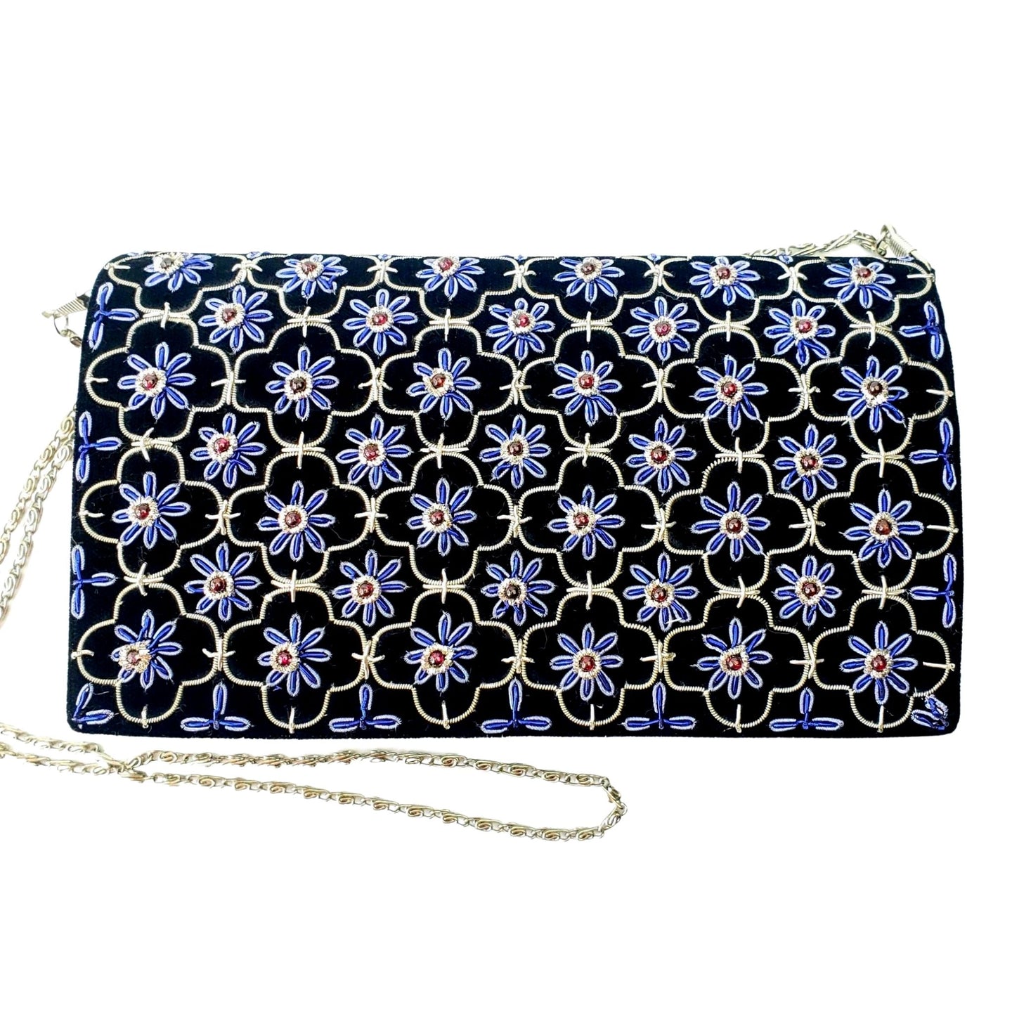 Luxury black velvet evening bag embroidered with quatrefoil pattern and metallic blue flowers with garnet gemstones, zardozi purse. 