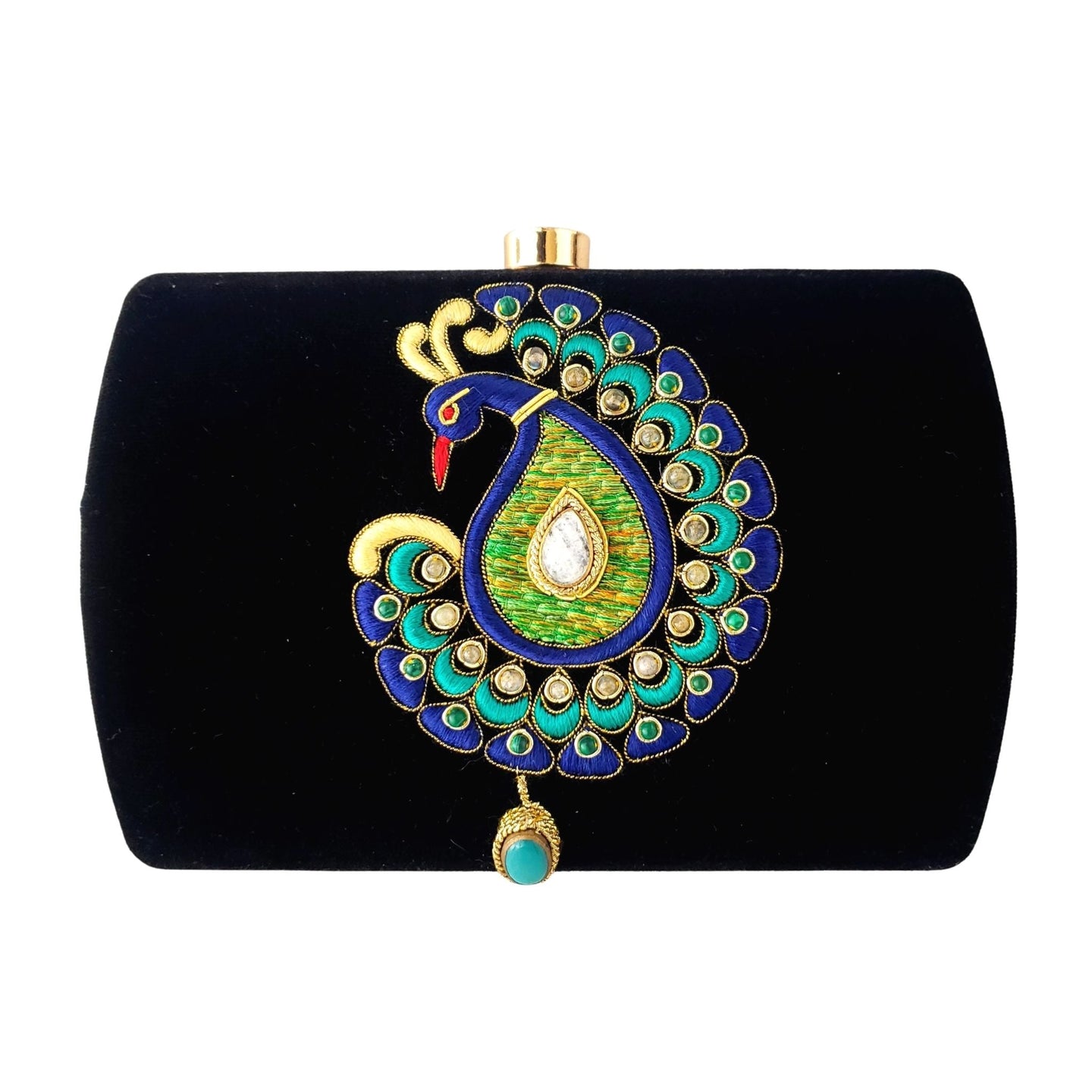 Luxury black velvet hardcase clutch embroidered with colorful peacock and embellished with moonstone and turquoise stone. 