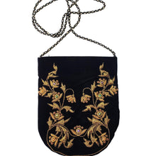 Load image into Gallery viewer, Luxury brown velvet crossbody bag hand embroidered with antique gold metallic flowers and vines and embellished with semi precious stones, zardozi purse BoutiqueByMariam.
