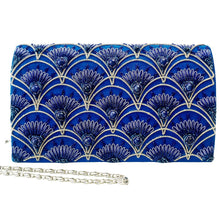 Load image into Gallery viewer, Royal blue silk evening clutch bag embroidered with silver peacock feather pattern and inlaid with lapis lazuli gemstones. 
