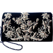 Load image into Gallery viewer, Navy blue velvet handbag embroidered with antique silver flowers and inlaid with gemstones, zardozi handbag.
