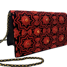 Load image into Gallery viewer, luxury red and black embroidered evening bag embellished with gemstones, side view, BoutiqueByMariam.
