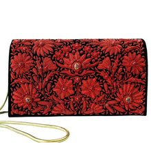 Load image into Gallery viewer, Luxury red metallic clutch bag embroidered with ruby gemstones. 
