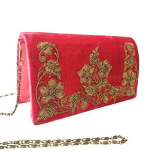 Load image into Gallery viewer, Luxury vintage inspired pink red velvet clutch with copper floral embroidery and carnelian and garnet gemstones , side view. 
