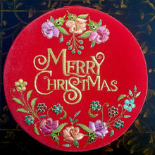 Load image into Gallery viewer, Red velvet gift box embroidered with silk flowers and metallic gold Merry Christmas BoutiqueByMariam.
