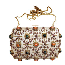 Load image into Gallery viewer, Moroccan style embroidered hard case box clutch embellished with jade and carnelian gemstones. 
