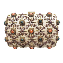 Load image into Gallery viewer, Moroccan style gold hard case clutch with jade and carnelian gemstones, zardozi purse. 
