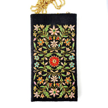 Load image into Gallery viewer, Multicolor floral elmbroidered black silk crossbody phone sleeve, phone pouch, BoutiqueByMariam.
