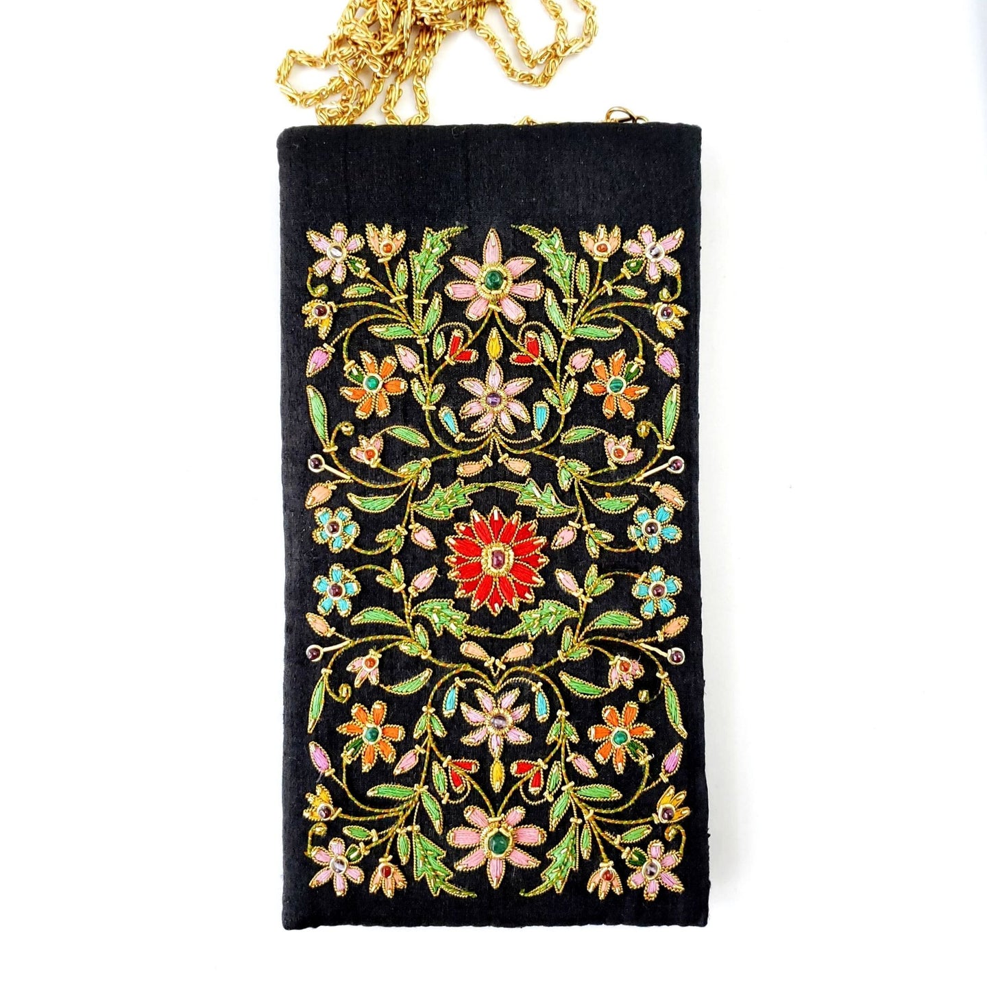 Multicolor floral elmbroidered black silk crossbody phone sleeve, phone pouch, BoutiqueByMariam.