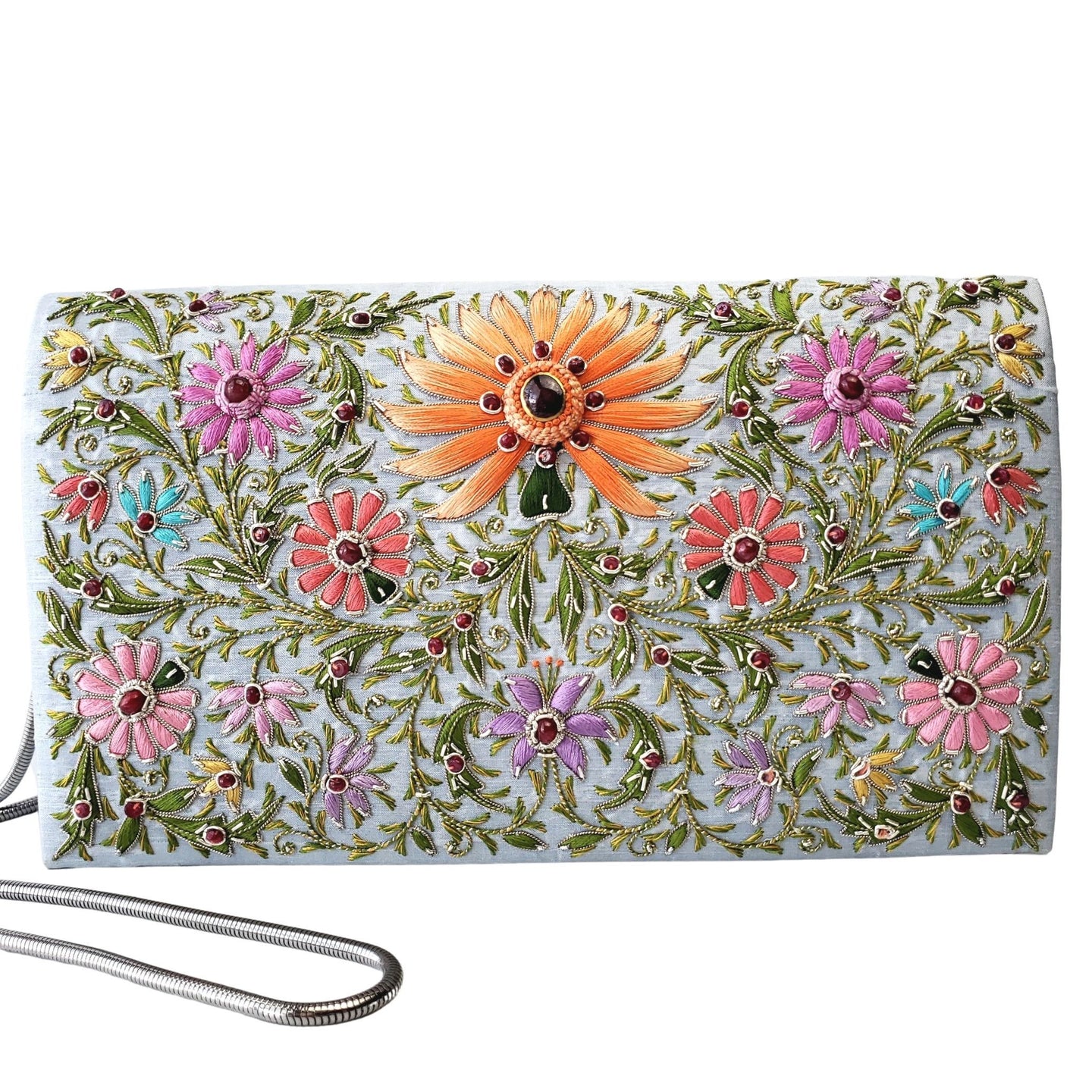Multicolor floral embroidered silk handbag with rubies BoutiqueByMariam.