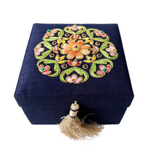 Load image into Gallery viewer, Navy blue keepsake box embroidered with multicolor flower BoutiqueByMariam.
