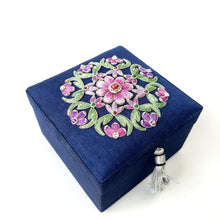 Load image into Gallery viewer, Navy blue keepsake box embroidered with pink flower BoutiqueByMariam.
