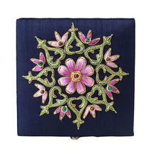 Load image into Gallery viewer, Navy blue keepsake box embroidered with pink flowers BoutiqueByMariam.
