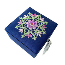 Load image into Gallery viewer, Navy blue keepsake box embroidered with purple flower BoutiqueByMariam. 
