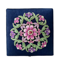 Load image into Gallery viewer, Navy blue small keepsake box embroidered with pink flower, closeup view, BoutiqueByMariam.
