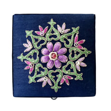 Load image into Gallery viewer, Navy blue small keepsake box embroidered with purple flower BoutiquebyMariam.
