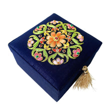 Load image into Gallery viewer, Navy blue small square keepsake box embroidered with multicolor flower, side view, BoutiqueByMariam.
