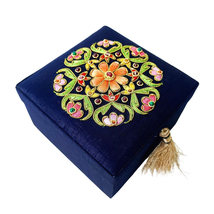 Navy blue small square keepsake box embroidered with multicolor flower, side view, BoutiqueByMariam.