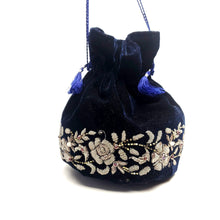Load image into Gallery viewer, Navy blue velvet potli bag wristlet with antique silver embroidery BoutiqueByMariam. 
