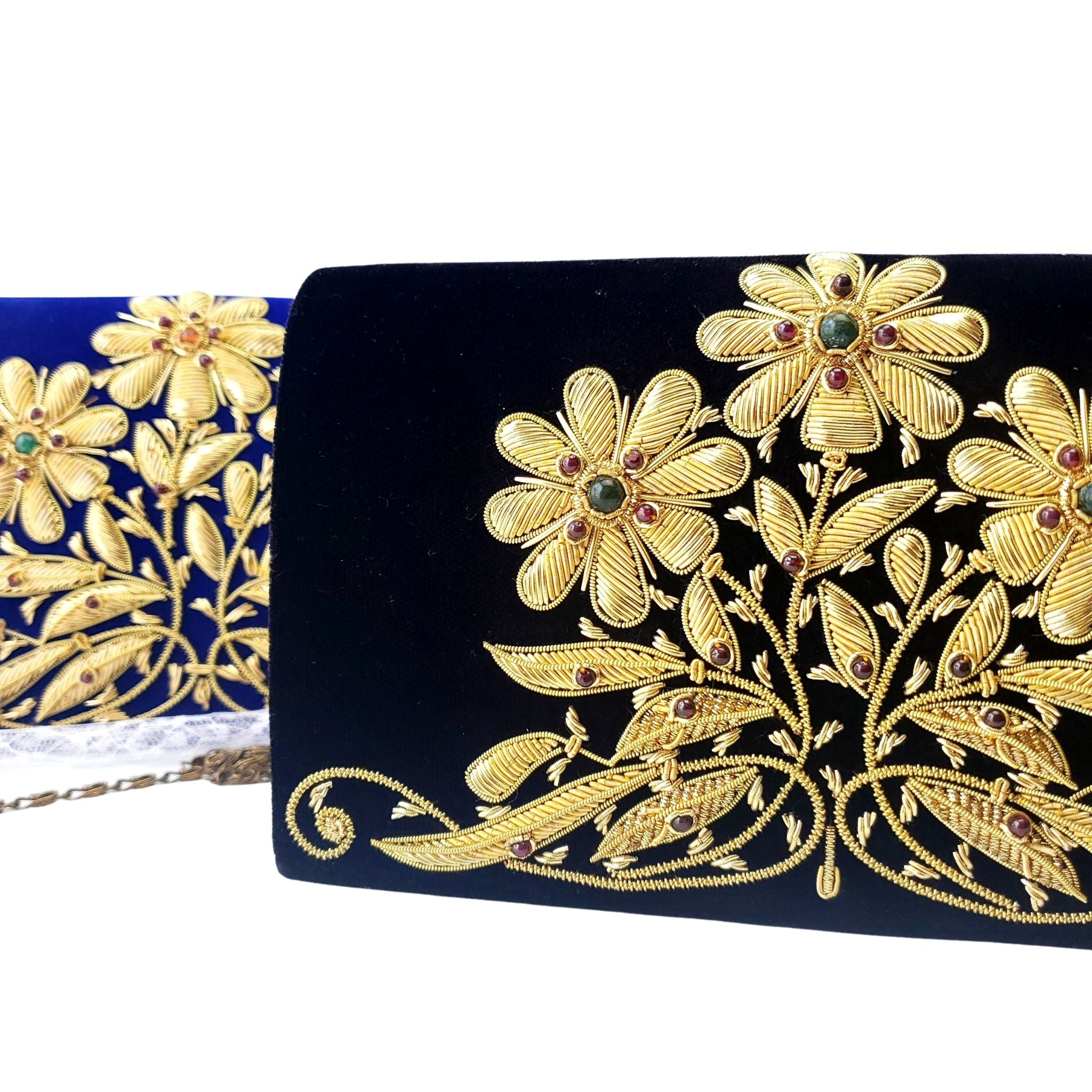 Golden Color Velvet Box Clutch Bag with Hand Zardosi Work
