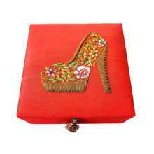 Load image into Gallery viewer, Orange silk decorative box embroidered with womens high heel shoe BoutiqueByMariam. 
