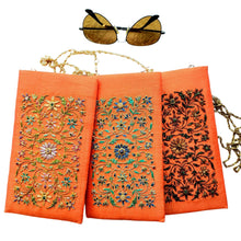 Load image into Gallery viewer, Orange silk hand embroidered floral soft eyeglasses case, sunglasses case, with chain. 
