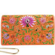 Load image into Gallery viewer, Orange silk handbag embroidered with purple pink lotus flower and ruby gemstones BoutiqueByMariam.
