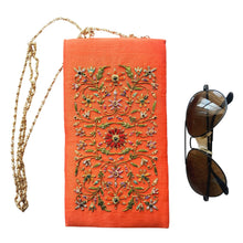 Load image into Gallery viewer, Orange silk soft sunglasses case eyeglasses case hand embroidered with red flowers. 
