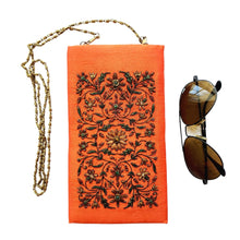 Load image into Gallery viewer, Orange soft eyeglasses case, sunglasses case, hand embroidered with brown flowers, zardozi purse. 

