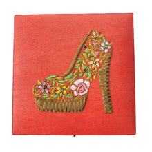 Load image into Gallery viewer, Orange square keepsake box embroidered with womens stiletto in bronze BoutiqueByMariam. 
