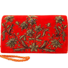 Load image into Gallery viewer, Orange velvet luxury designer clutch embroidered with antique gold flowers inlaid with gemstones. 
