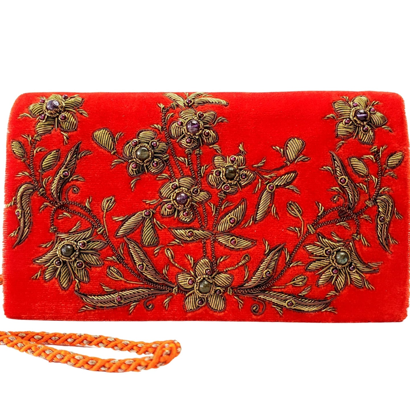 Orange velvet luxury designer clutch embroidered with antique gold flowers inlaid with gemstones. 