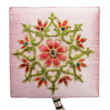 Load image into Gallery viewer, Pink gift box embroidered with coral flower, close up view, BoutiqueByMariam.
