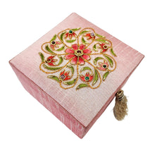 Load image into Gallery viewer, Pink keepsake box embroidered with coral flower and gemstones BoutqiueByMariam.
