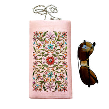 Load image into Gallery viewer, Pink silk soft eyeglasses case, sunglasses case, hand embroidered with multicolor flowers.
