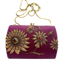 Load image into Gallery viewer, Purple silk luxury minaudiere embroidered with metallic copper flowers and inlaid with gemstones.
