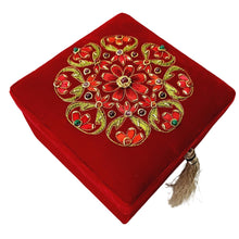 Load image into Gallery viewer, Red velvet embroidered small square jewelry box BoutiquebyMariam.
