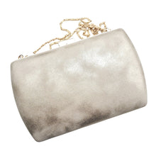 Load image into Gallery viewer, Rear view gold tone leatherette box clutch.
