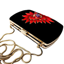 Load image into Gallery viewer, Red floral black velvet clutch with amethyst and rubies, top view, BoutiqueByMariam. 
