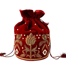 Load image into Gallery viewer, Embroidered red velvet potli bag with bronze zardozi embroidery and beads BoutiqueByMariam.
