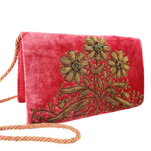 Load image into Gallery viewer, Red pink velvet clutch bag hand embroidered with antique gold flowers, zardozi purse, side view. 
