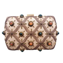 Load image into Gallery viewer, Rose gold minaudiere clutch embroidered with copper and inlaid with jade and carnelian gemstones. 
