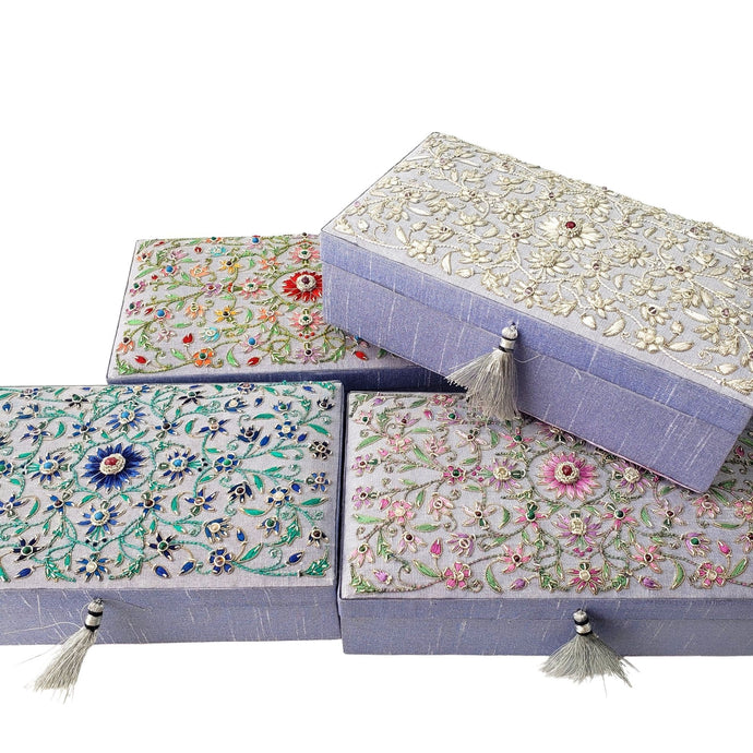 Set of four gray silk bridal keepsake boxes embroidered in different colors BoutiqueByMariam. 