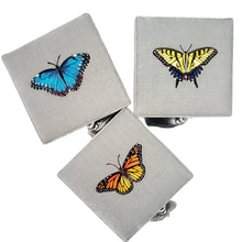 Load image into Gallery viewer, Set of three embroidered butterfly gift boxes monarch, swallowtail, blue morpho, BoutiqueByMariam.
