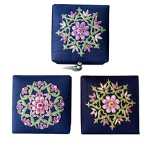 Load image into Gallery viewer, Set of three small navy blue keepsake boxes embroidered with pink and purple flowers BoutiqueByMariam. 
