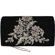 Load image into Gallery viewer, Silver flowers embroidered on navy blue velvet clutch with amethyst stones BoutiqueByMariam.
